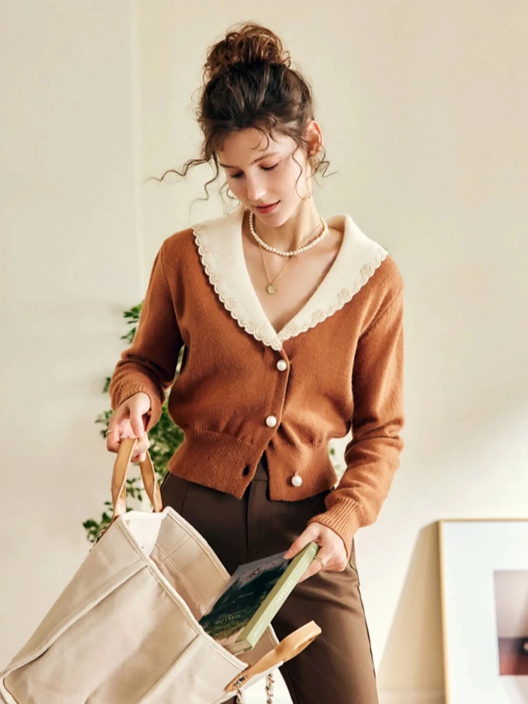 

OLrain Women Knitted Long Sleeve Cardigan 2025 Autumn French Doll Collar Fad Retro Casual Short Sweater Warm Tops O22QM00693