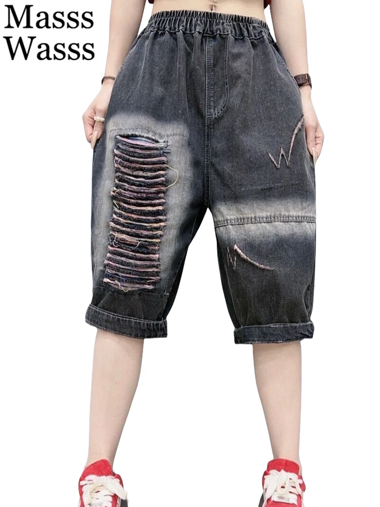 

Masss Wasss Design 2024 Summer Holes Loose Denim Pants Womens Vintage Classic Leisure Short Jeans Ladies Elastic Harem Trousers