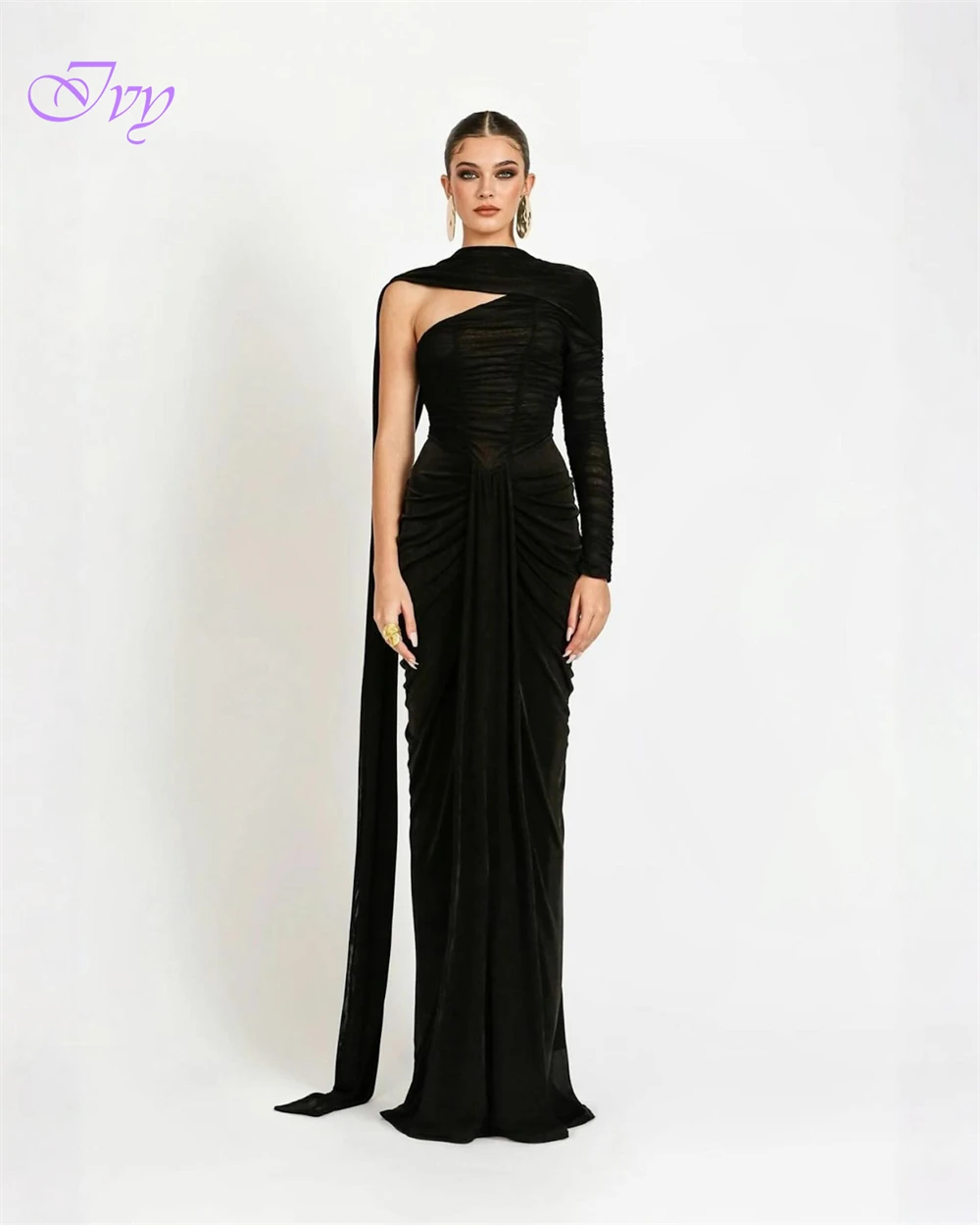 Customized Classic One Shoulder Long Sleeves Evening Dress  See Through Tulle Prom Dresses Delicate Bespoke Occasion Gowns