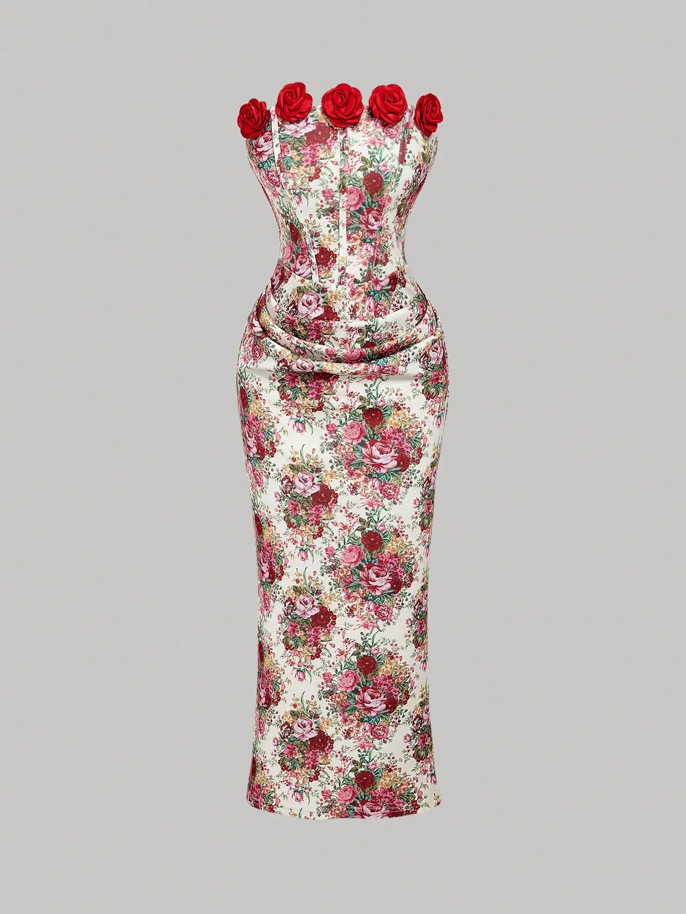 

Красное облегающее миди-платье с 3D цветочным принтом и винтажными элементами