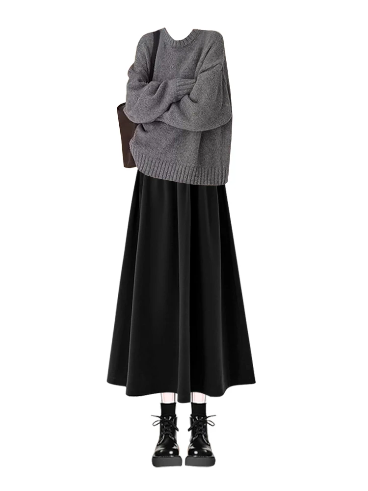 아이엘레 라운드 네 루즈핏 스웨터 스커트 세트 여성 가을 겨울 하이웨이스트 롱 스커트 슬리밍 투피스 세트