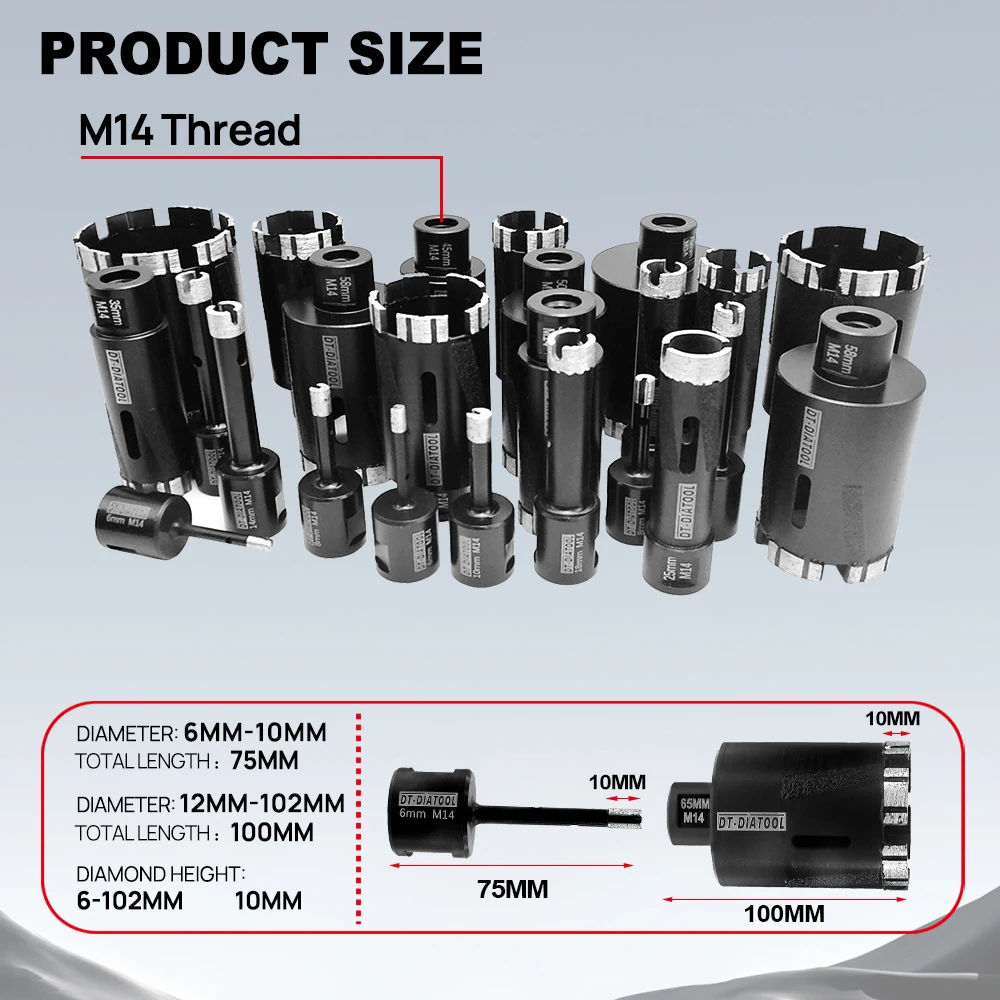 DT-DIATOOL 1pc M14 Thread Laser Welded Dry Diamond Hole Saw Dry Drilling Core Bits for Drilling Hard Granite Marble Stone