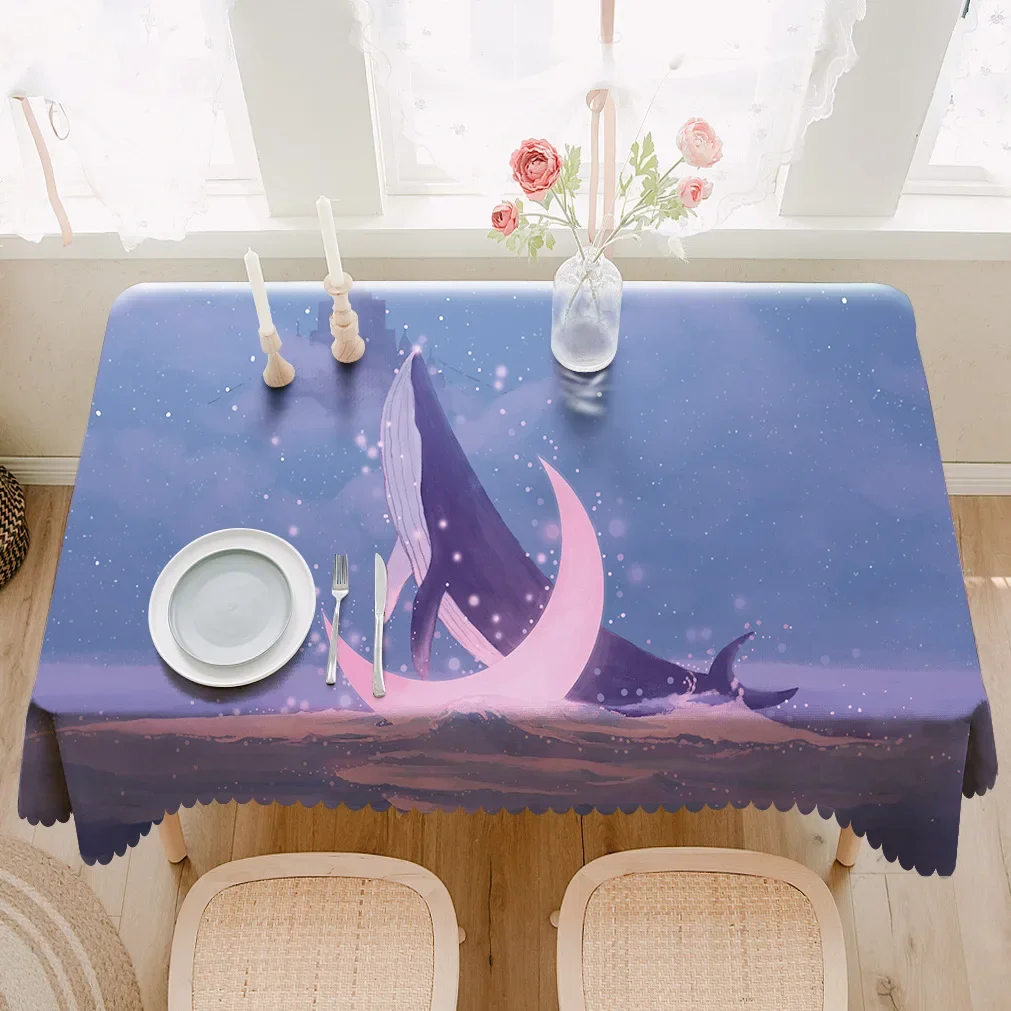 Fantasy Whale Print Rectangular Desk Table Cloth Girl Room Home Dining Table Coffee Table Decor Washable Dustproof Tablecloth