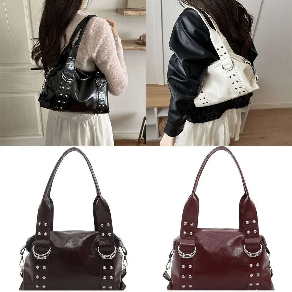 High Quality PU Leather Women's Shoulder Bag Large Capacity Y2K Fashion Rivet Handbag Motorcycle Bag Women Daily Outfits
