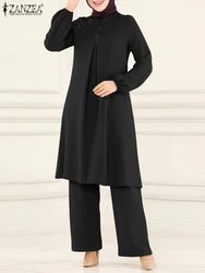 Women Muslim Matching Sets ZANZEA Fashion Long Sleeve Blouse Female Trousers Pantsuits Eid Mubarek Abaya Suit IsIam Clothing