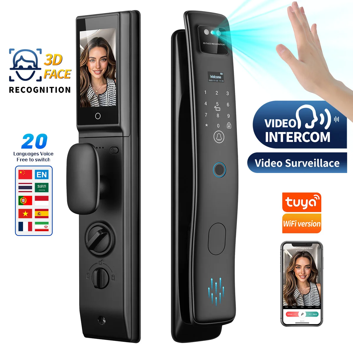 

Video call monitoring intercom system graffiti Wifi app smart lock palm vein facial recognition multilingual support door lock
