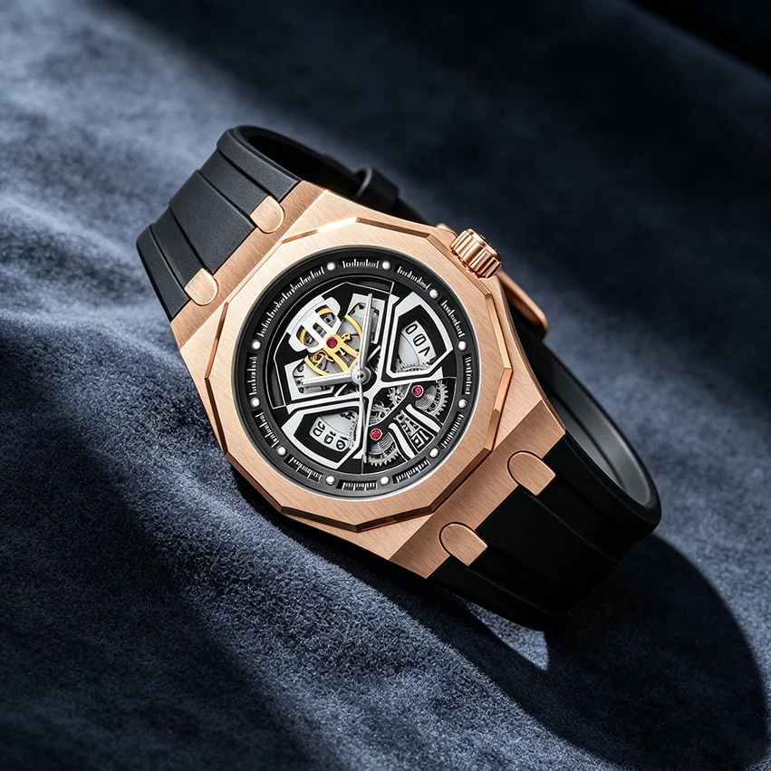 Men's Large Quartz Watch Black Warrior 12-Sided Case Hollowed-Out Face Silicone Strap Crafted with Precision Quartz Movement