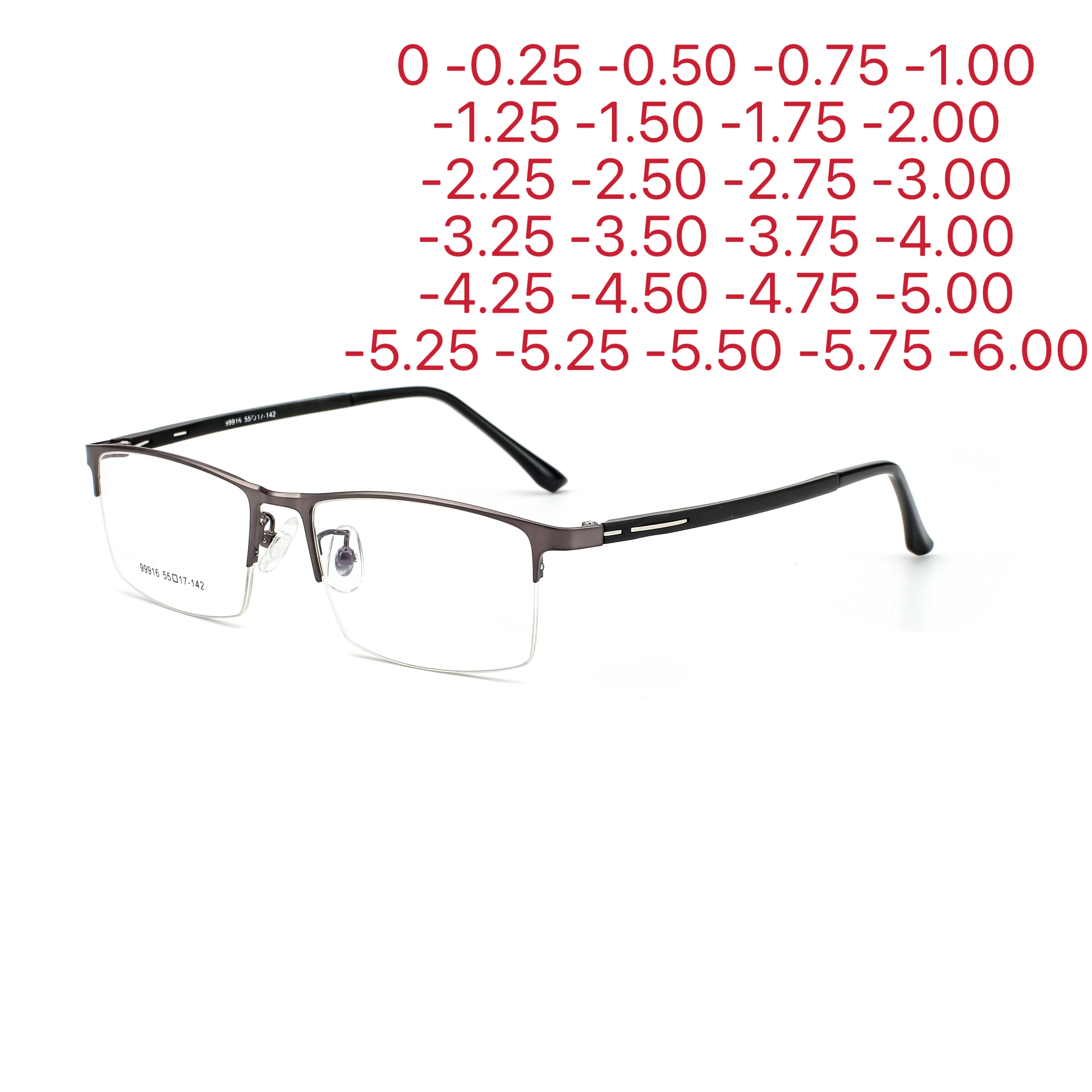 Semi-Rimless Business Thin Metal Eyeglasses Clear Lenses and Anti-UV Coating Men Square Myopia Prescription 0 -0.5 -0.75 To -6