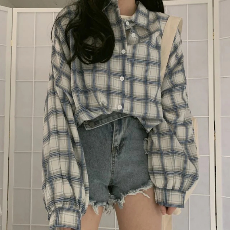 

Autumn Women Plaid Shirt Oversized Lantern Sleeve Vintage Turn Down Collar Ladies Casual Vintage Button Up Loose Tops 2023