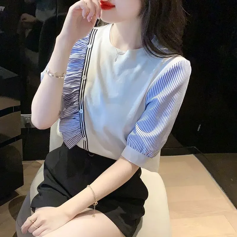 Blue Frill Women's Shirt And Blouse Ruffle Striped Female Tops Offer Premium Promotion High Quality New 2024 Vintage Xl M