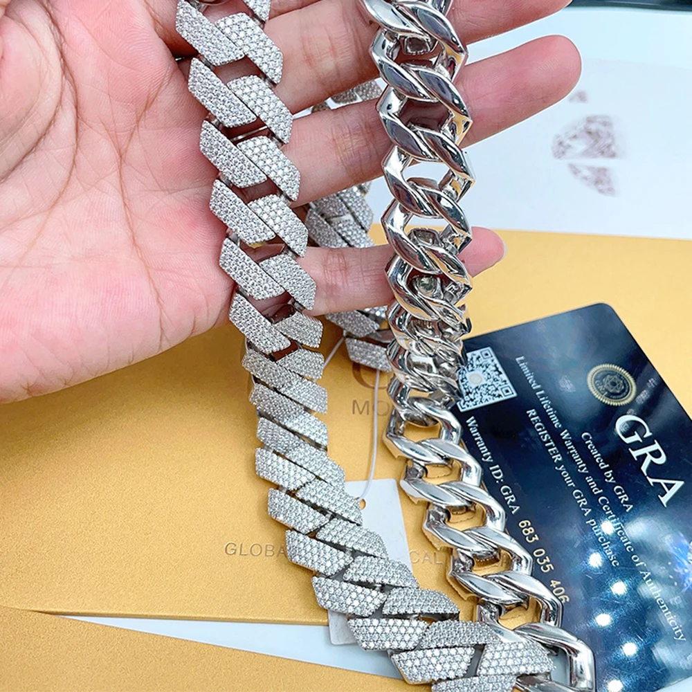 

15mm Moissanite Cuban Chain Link Necklaces Real Diamonds S925 Silver Choker for Women Men Pass Tester With GRA Free Ship