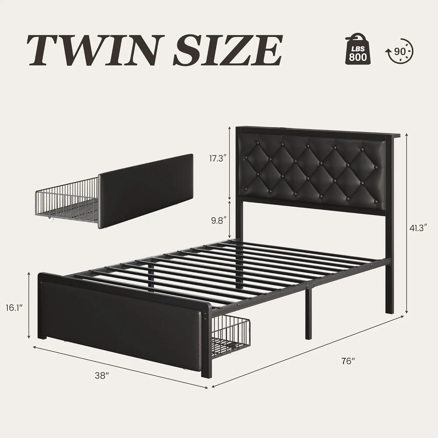 Twin Bed Frame with Storage Drawer, Upholstered Headboard Button Tufted Bed Frame with Charging Station, No Box Spring Needed, Noise-Free, All Metal Structure, Black