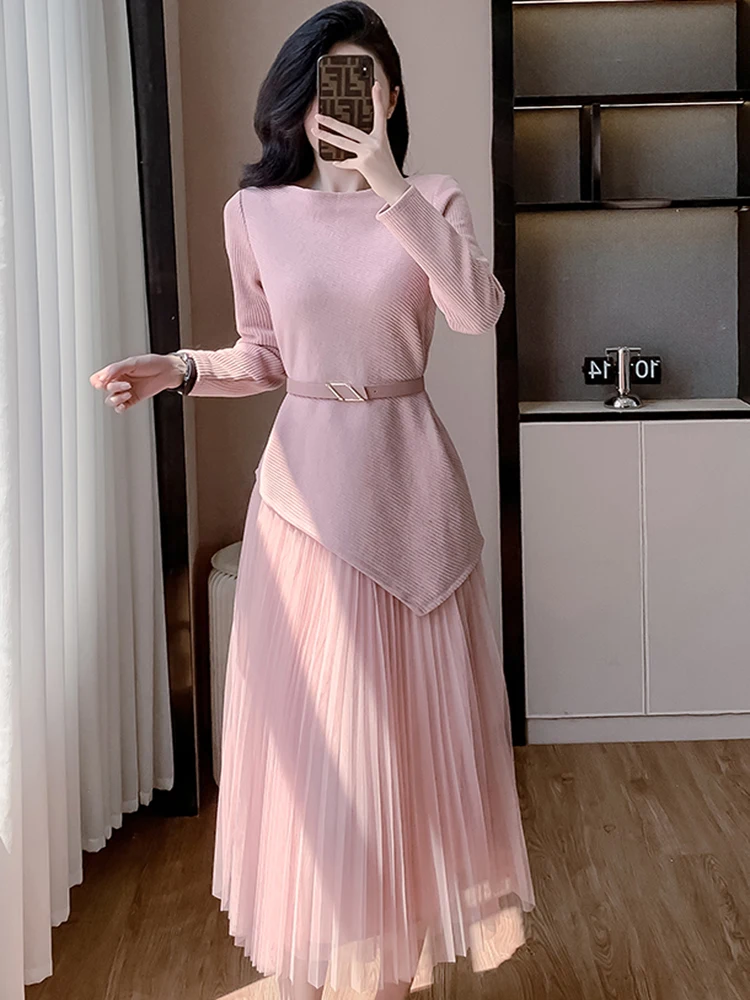 Women\'s Suit 2024 New Temperament Knitted Sweater Irregular Pullover Tops + Mesh Pleated Skirt Two Piece Set Fashion Clothes