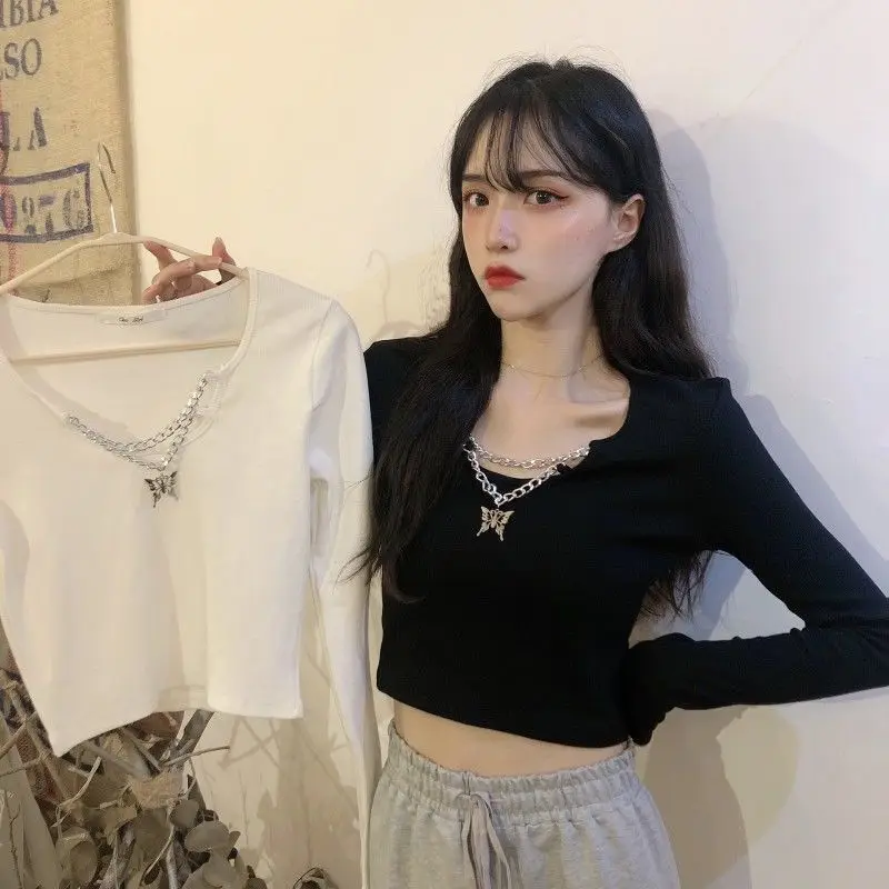 

2023 Autumn New Korean Slim Solid Color Top Butterfly Chain Niche Short Long-sleeved T-shirt Female Casual Hot Girls Y2k Tops