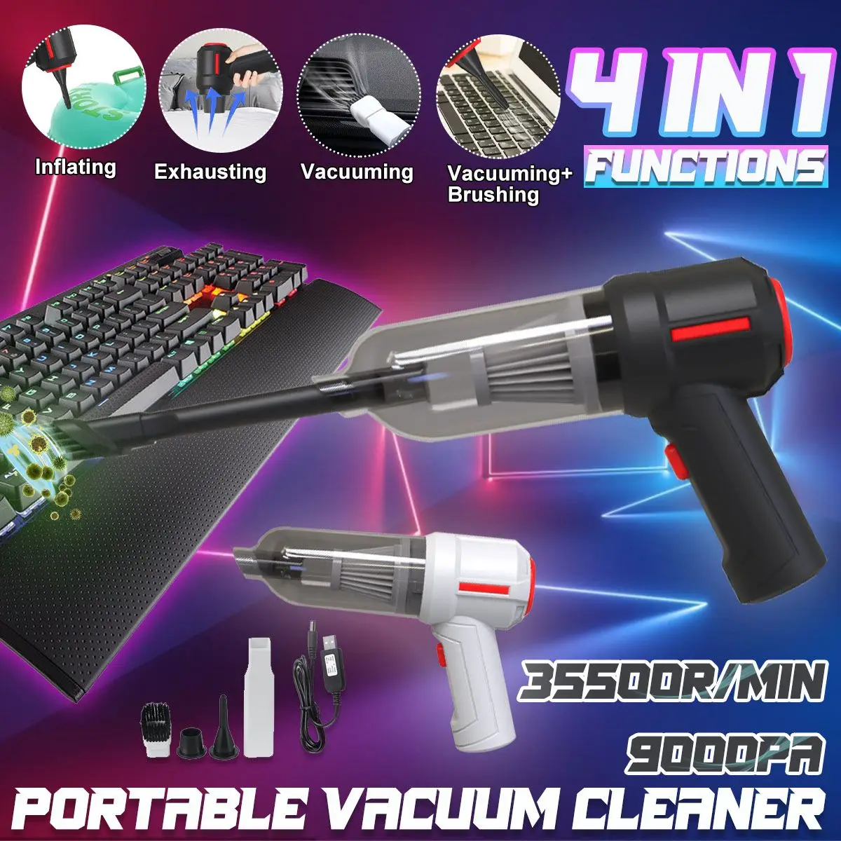 Aspirador sem fio e Air Blower, Mini Air Duster, ferramenta de limpeza elétrica para teclado de computador, PC, Piano, Pet, Laptop, 2 em 1