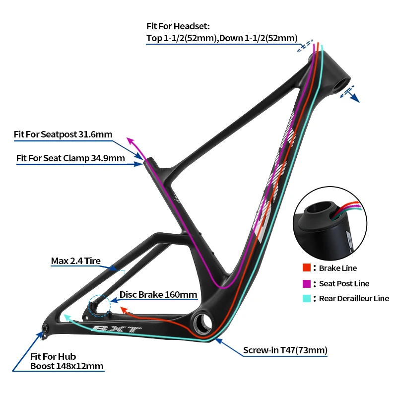 BXT 29er Boost MTB Frame New upgra Use T47(73mm) and UDH hanger, T700 Carbon Fiber Disc Brake HardTail Boost 148mm Frame