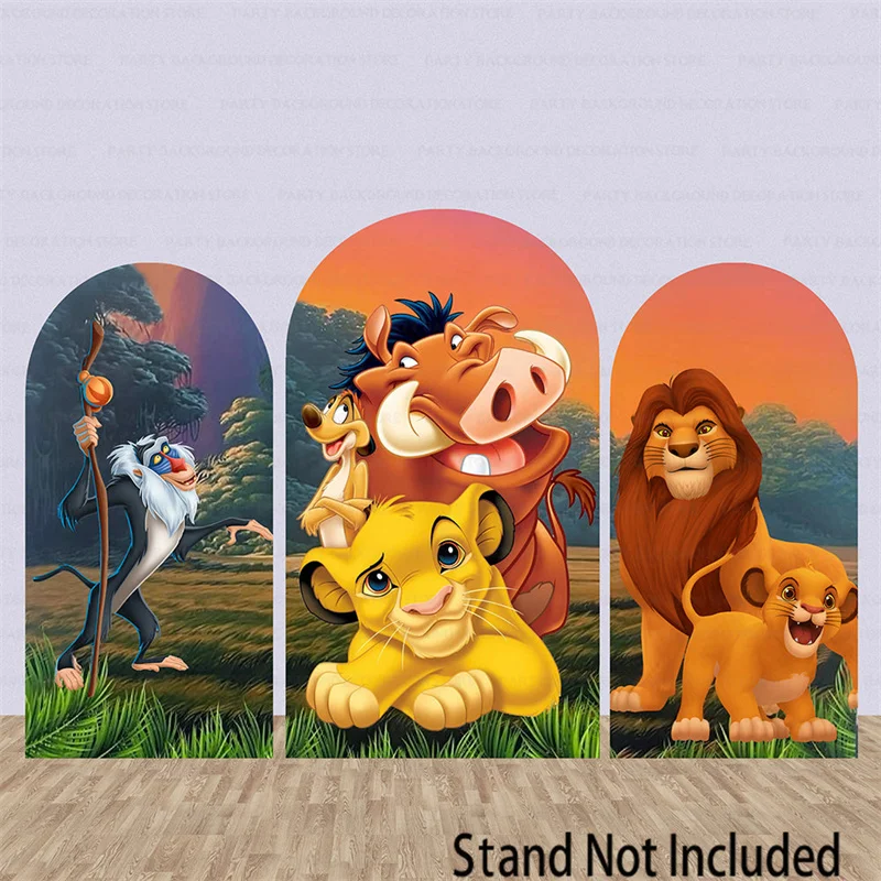 Lion King Simba Pumbaa Sunset Forest Arch Round Backdrop Cover Disney Boys Kids Wall Background Baby 1st Birthday Decor Cover