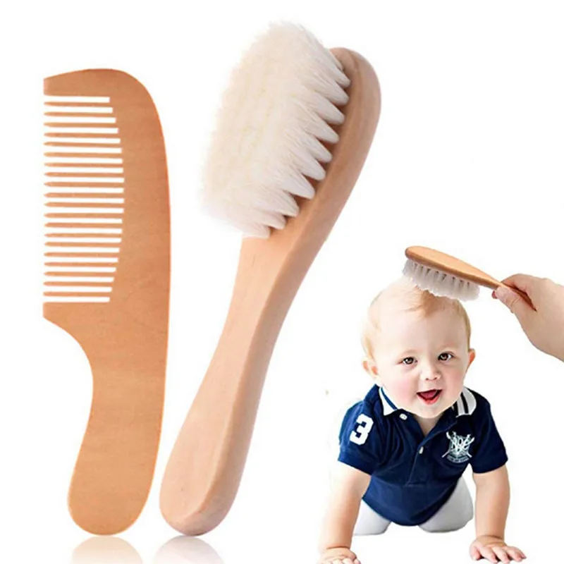 

2Pcs/Set Beech Comb Wool Brush For Baby Hair Care, Flat Comb Portable Baby Infants Shampoo Brush, Wool Soft Brush Hair Comb Set