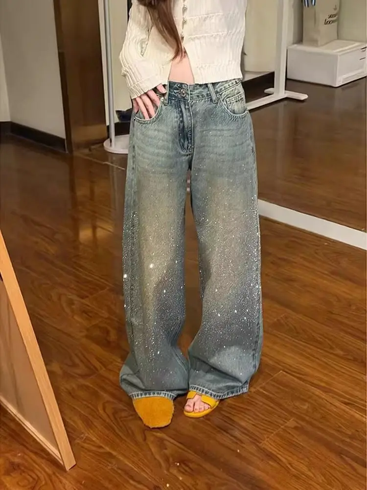 

Women's Y2k Baggy Jeans Harajuku Vintage Rhinestone Denim Trousers Japanese 2000s Style Oversize Wide Jeans Long Pants Clothes
