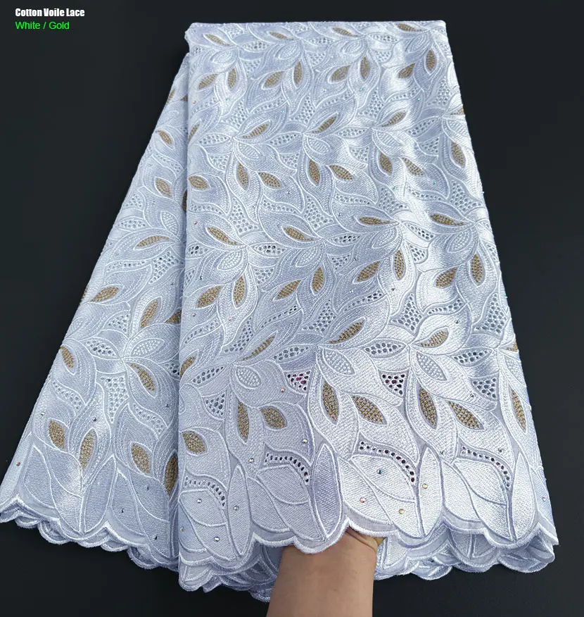 Soft Embroidered African Voile Lace Real Cotton Fabric Metallic Lurex Cloth for Special Formal Event Gown Sewing Garment