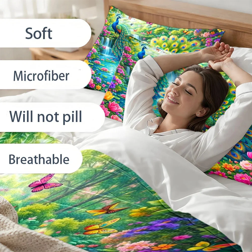 3-Piece Peacock Garden Waterfall Floral Bedding Set, 1 Duvet Cover + 2 Pillowcases, Suitable for All Seasons, Machine Washable, with Invisible Zipper, Large Bedspread for Home, Dormitory, Master Bedroom, and Guest Room Use