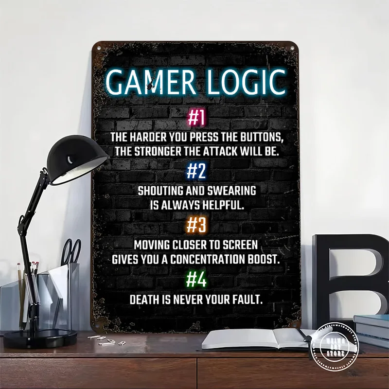 Gamer Logic Poster Customized Vintage Metal Signs Wall Art Retro Tin Plaque for Home and Decoration Gaming Room Decorations Cozy