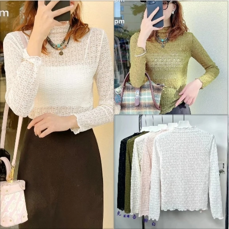 

Lace Mesh Top Women Long Sleeve Sexy Sheer Slim Blouse