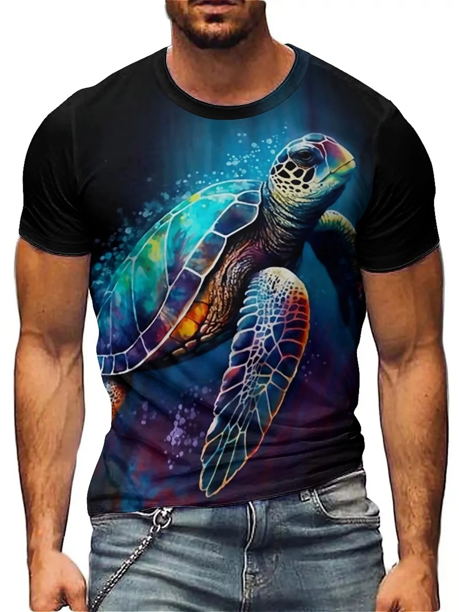 Camiseta vibrante com estampa de tartaruga marinha 3D para homens e mulheres, manga curta, gola redonda, tecido de poliéster, perfeita para viagens