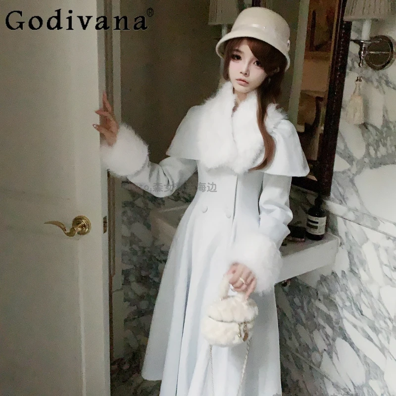 Warm Winter Long Woolen Coat with Fur Collar Female Original New Japanese Style Gentle Lolita Overcoat Women Lolita Wool Coat