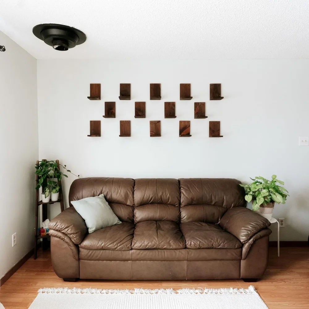 شاشة حائط نباتية داخلية مع حواف خشبية حديثة في منتصف القرن |   نظام أرفف نباتية مثبت على الحائط على شكل حرف L #3