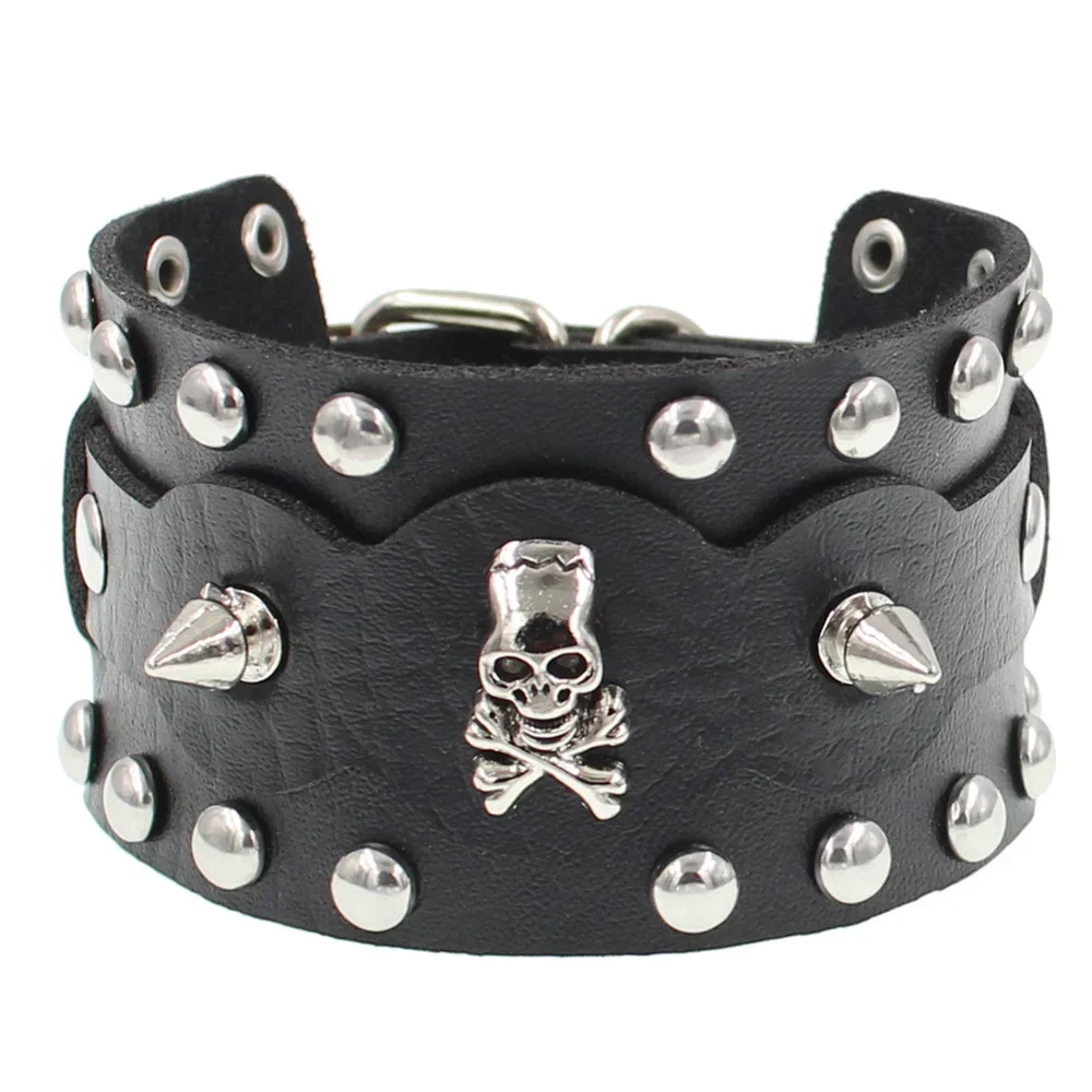 PU Leather Fashion Gothic Skeleton Skull Punk Rivet Bracelet Retro Couple Bangle Bracelet Jewelry Gift