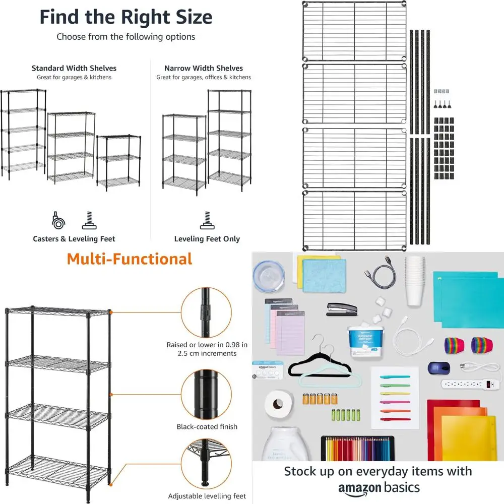 

Compact 4-Tier Steel Wire Shelving, 13.4 Deep x 23.2 Wide x 48 High, Black | Durable, Adjustable, Quick Assembly, Storage Soluti