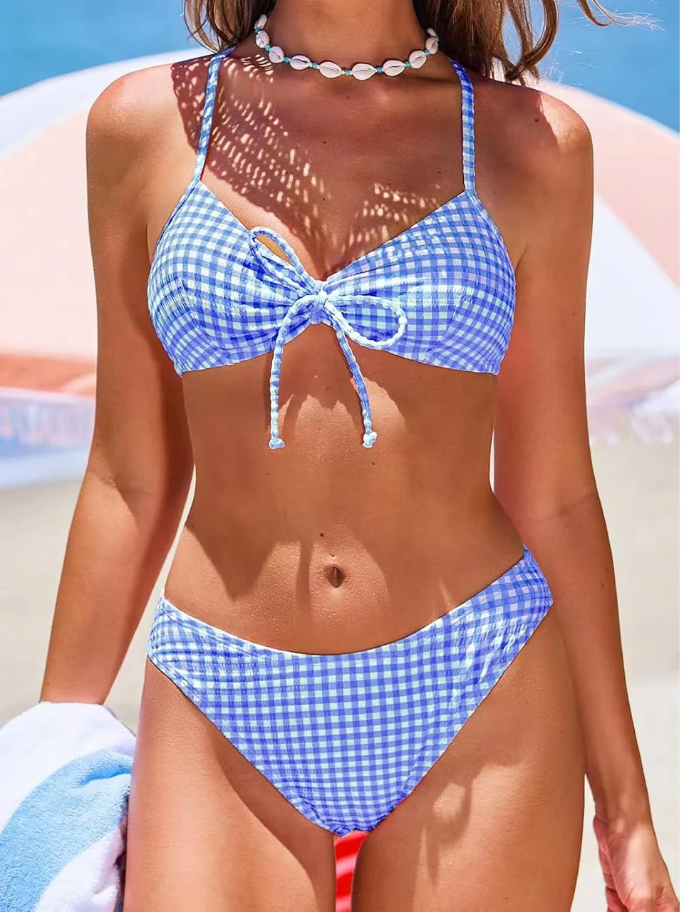 

Plaid Two Piece Bikini 2026 Women Lace Up String Swimwear Female Padded Swimsuit Beachwear Bathers Bathing Swimming Suit Summer