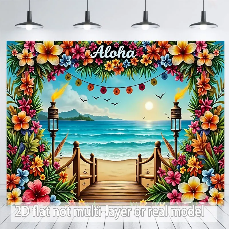 Diseño plano en 2D, 1 pieza de un cartel hawaiano Aloha con una escena de playa tropical y patrones de faroles coloridos