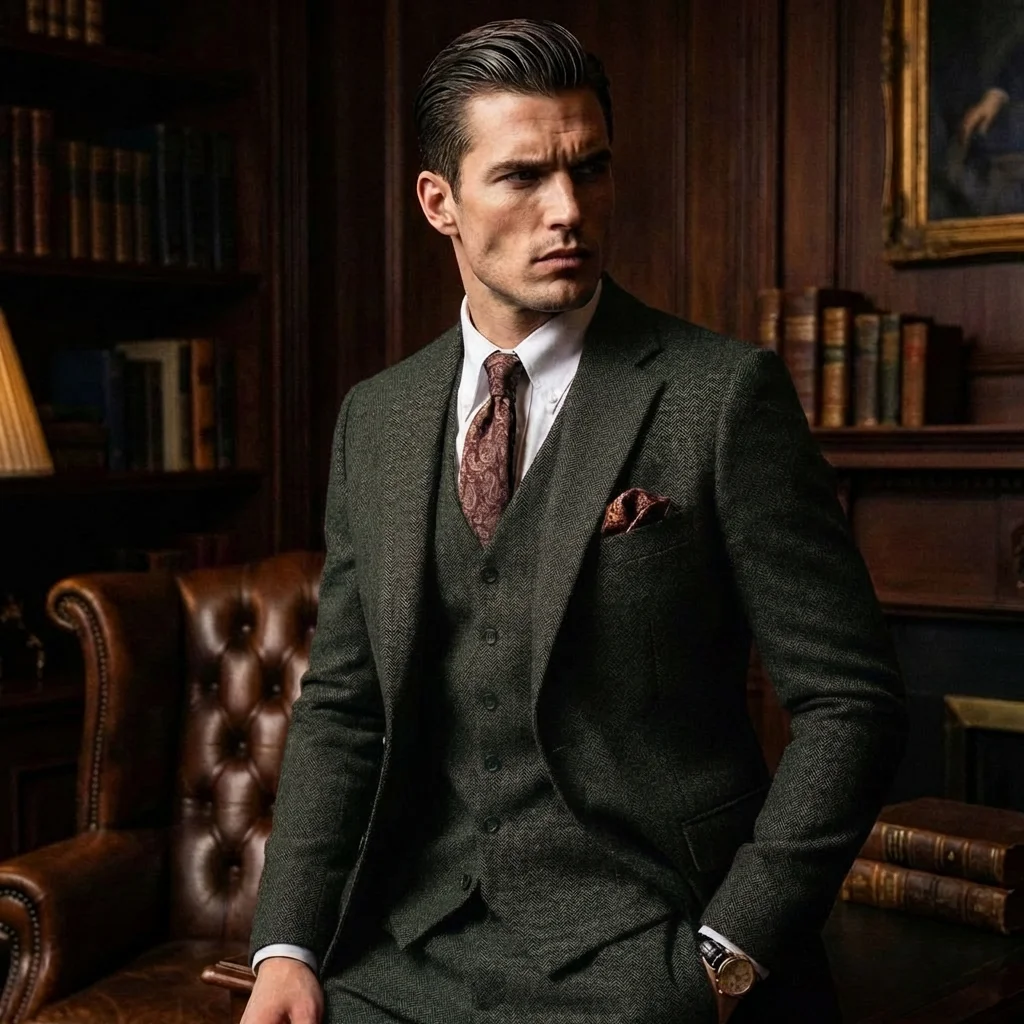 

Brown 2026 Mens Suit Tweed Herringbone Tweed Wedding Prom Tuxedos 3 Piece Peak Lapel for autumn Slim Fit (Blazer+vest+Pants)