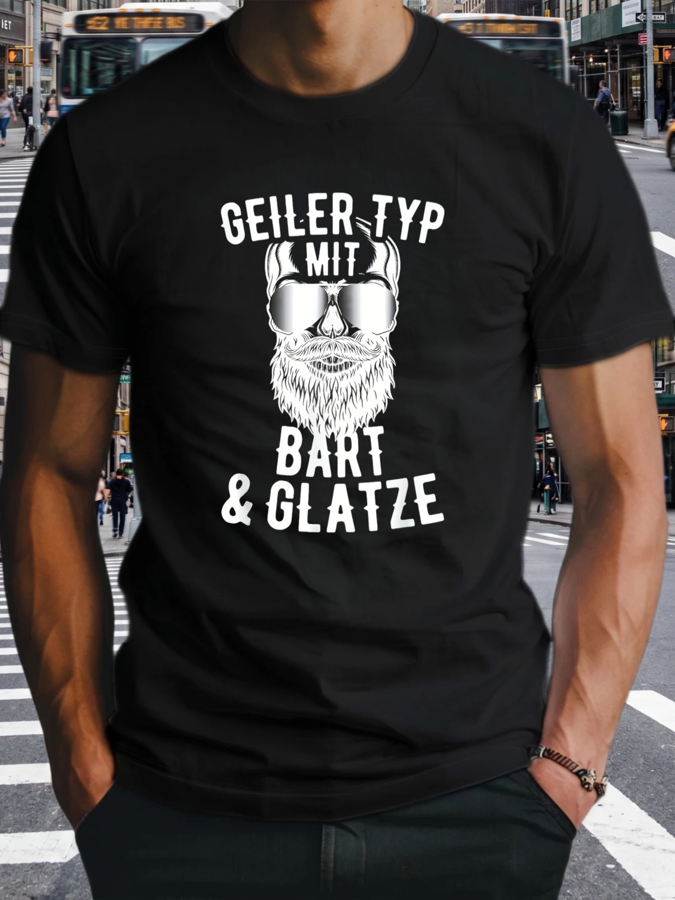 1 Stück 100% Baumwolle Geiler-Typ Mit Bart Glatze O-Ausschnitt Kurzarm T-Shirt Bedruckt Übergröße Bequeme Freizeitkleidung, Maschinenwaschbar