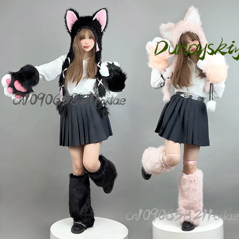

Fox Cat Ear Hat Subculture Y2k Anime Plush Warm Hat Cosplay Costumes Furry Fursuit Cool Kawaii Jirai Kei Gothic Halloween