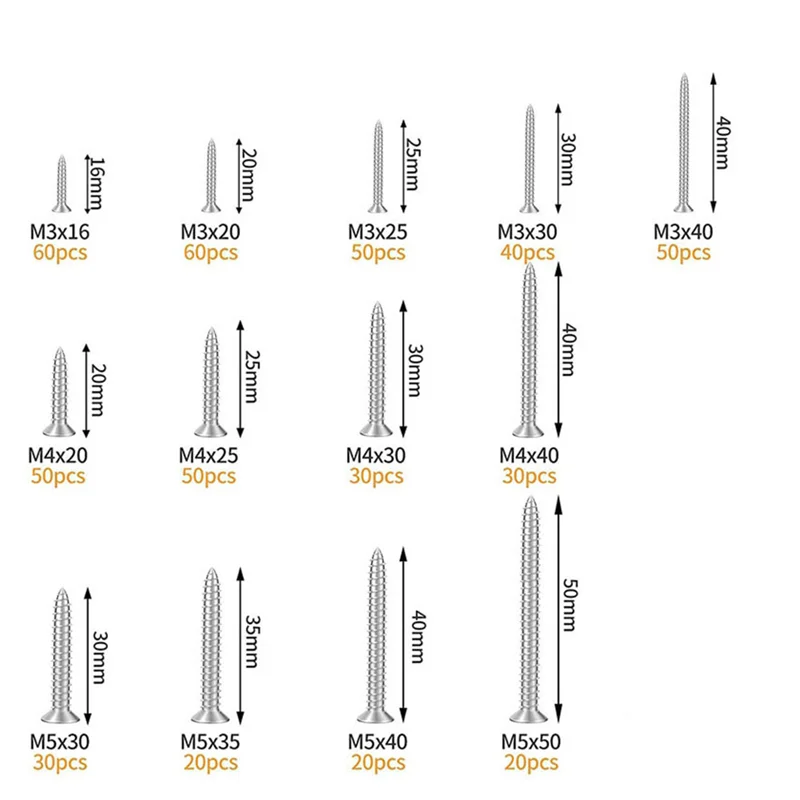 AEE6-510PCS Ассортимент винтов по дереву Серебряные крестообразные винты с плоской головкой для листового металла