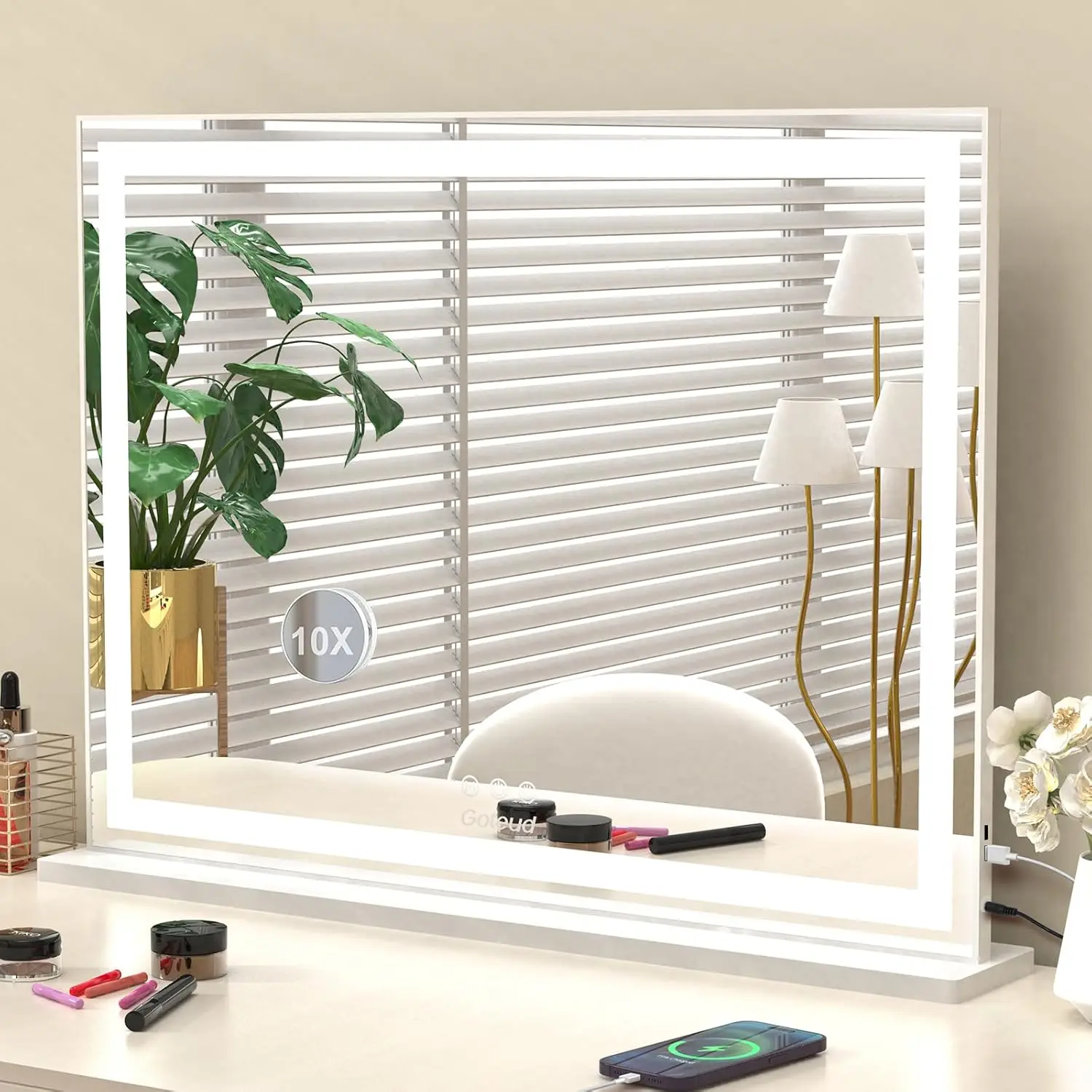 Mirror, 30.7x22.7in, Aluminum Frame, Dimmable 3 Modes LED, Smart Touch, 10x Magnification, USB Charging, Tabletop Mount