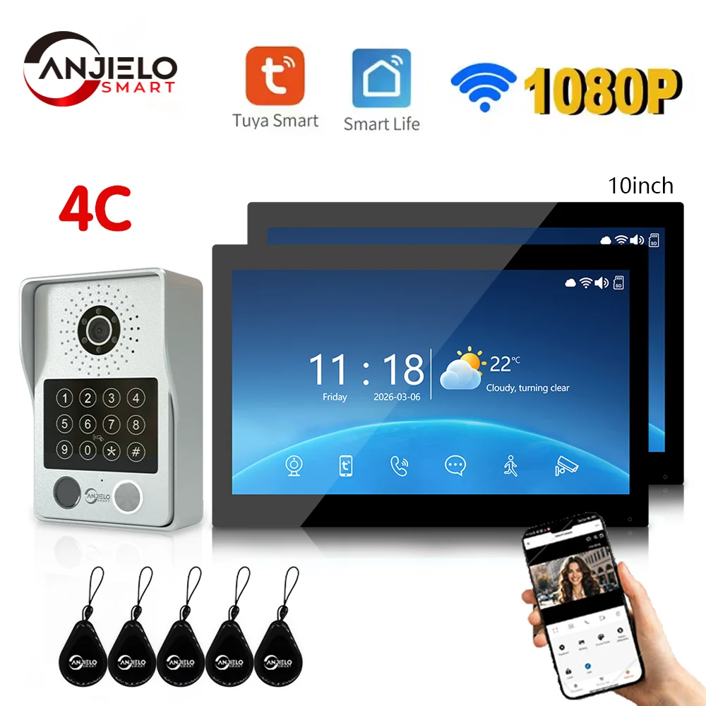 

ANJIELO Tuya 4-Wire Video Door Phone 1080P Home Intercom System IC Card Password Unlock 7/10.1 Inch Touch Screen Indoor Monitor