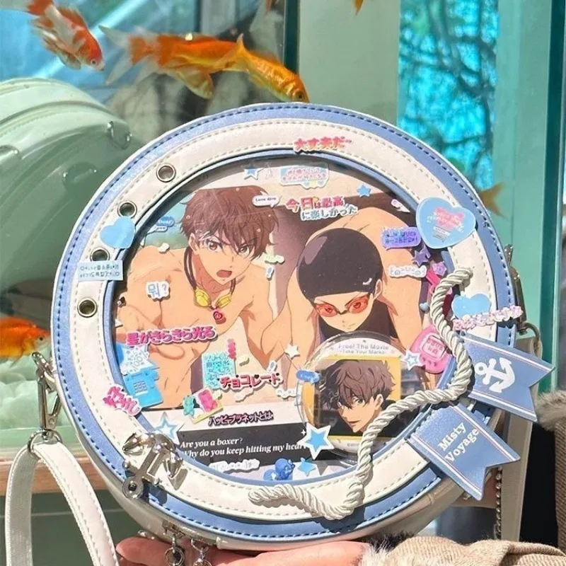Y2K Cute Nautical Theme Ita Bag Kawaii Girl Transparent Shoulder Bag DIY Display Backpack Students Round Crossbody Messenger Bag