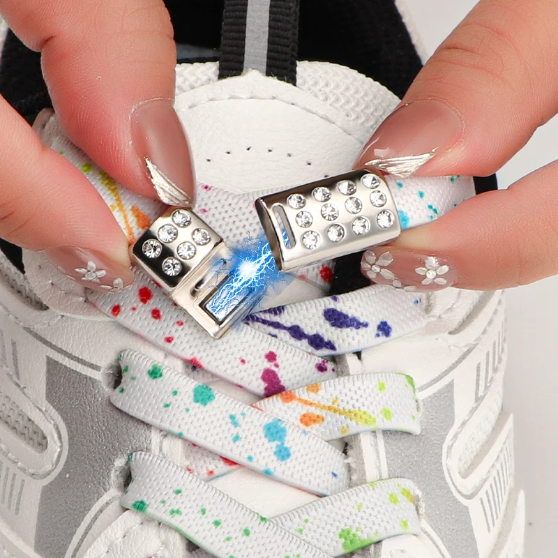 Diamant Magnetische Schoenveters Zonder Stropdassen Platte Kleurrijke Elastische Veters Sneakers Kids Volwassenen Spatten Inktveters Met Metalen Gespen