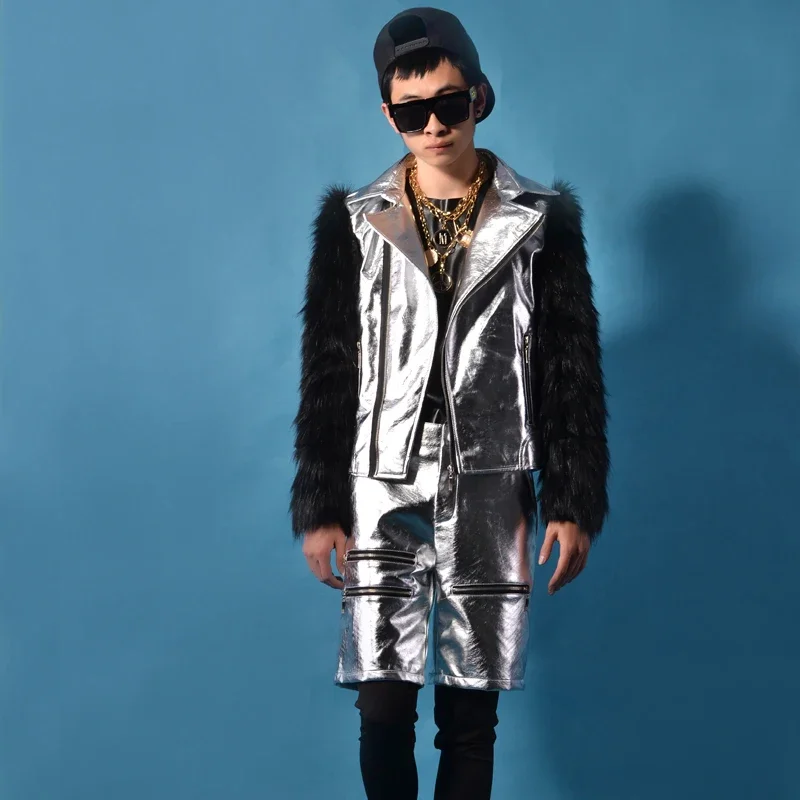 

Мужской джазовый танцевальный костюм с серебряной строчкой, мотоциклетная фестивальная одежда, пушистая куртка, одежда для ночного клуба, певицы, сценического шоу, XS2629