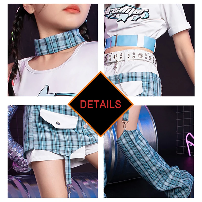 Abbigliamento da ballo jazz per bambini Ragazze Kpop Abbigliamento da performance sul palco Crop Top Pantaloncini Sfilata di moda Abito da ballo di strada blu 2459