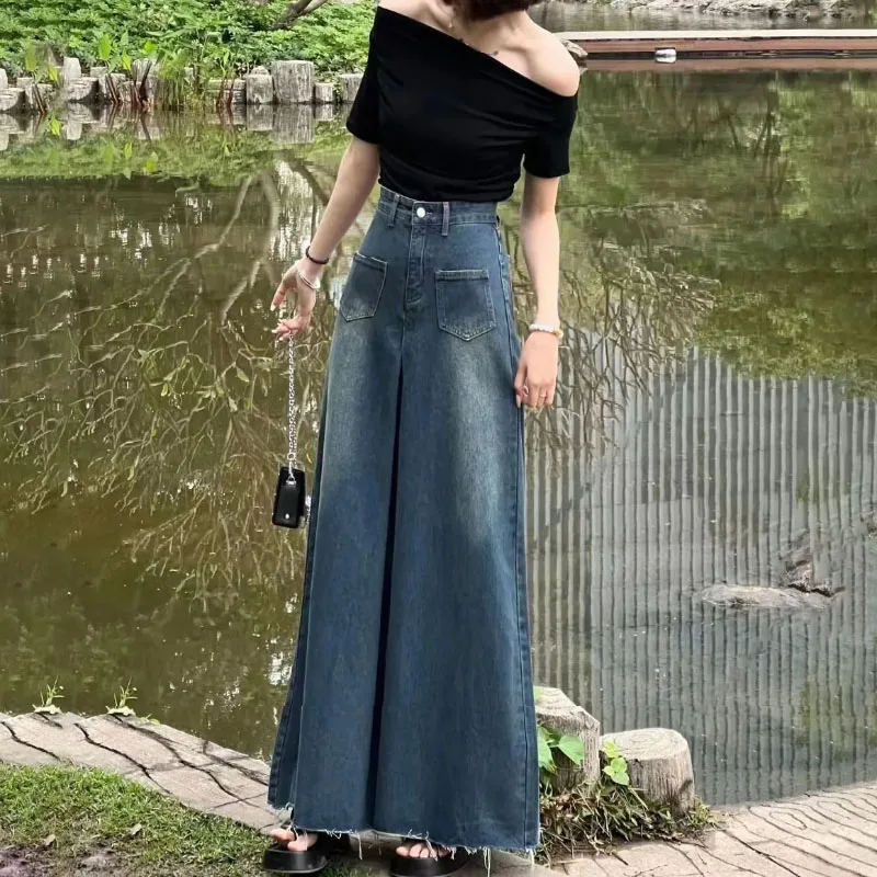 

Vintage Hong Kong Style Design Sense Jeans Women's Spring Autumn New Fashion Loose Slimming Burrs Micro Horn Wide Leg Pants