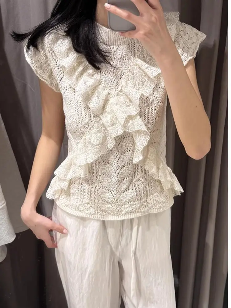 

Женский вязаный топ из ткани Sweet Sle, весна-лето, Новое поступление, многослойное украшение, полиэфирное волокно, ор Све, круглый Ne