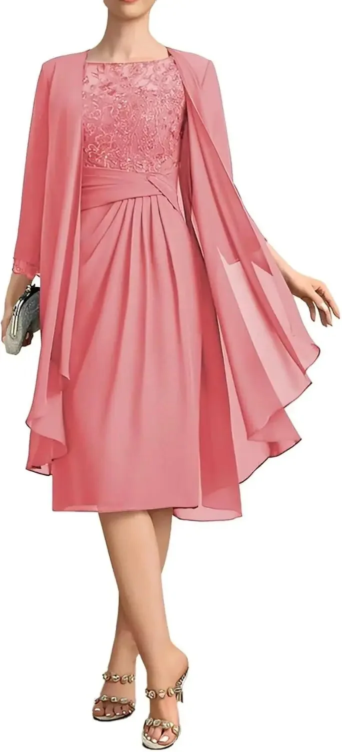 QMANSHA Maßgeschneidertes staubblaues Spitzen-Chiffon-Abendkleid in Knielänge für die Brautmutter mit geraffter Taille – Detail 11
