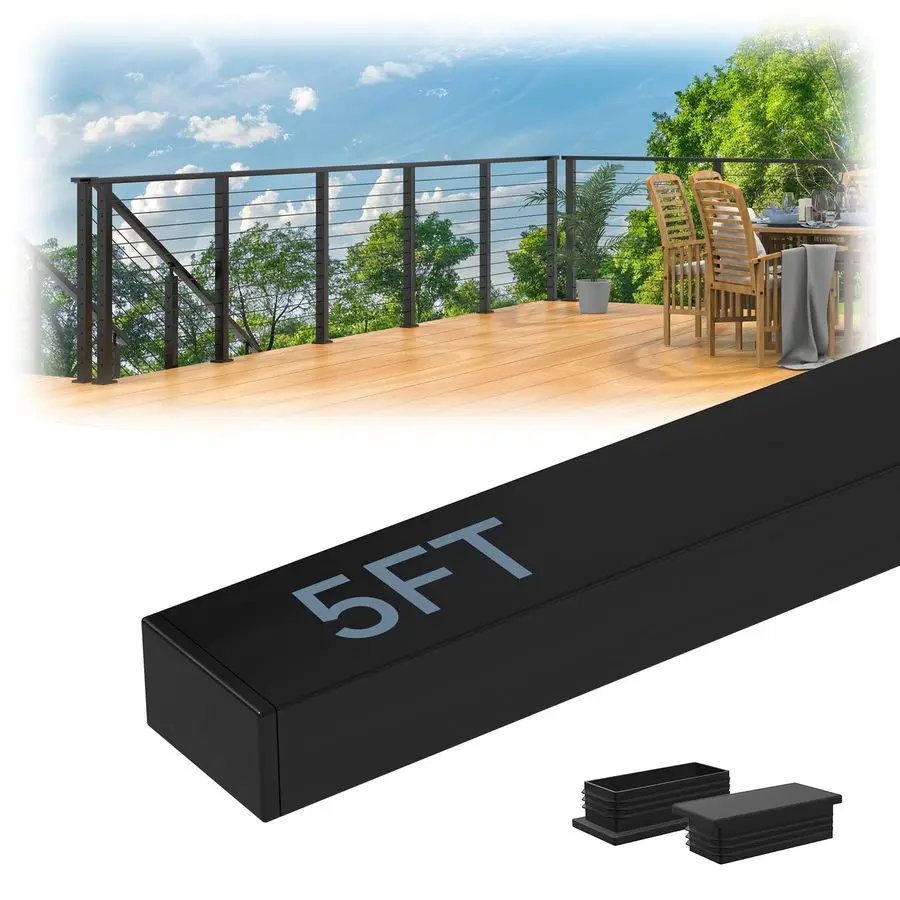 

Черный поручень T304 из нержавеющей стали длиной 5 футов для кабельных перил с комплектами нейлоновых торцевых заглушек, плоский прямоугольный поручень с возможностью резки 2,36 x 1,18