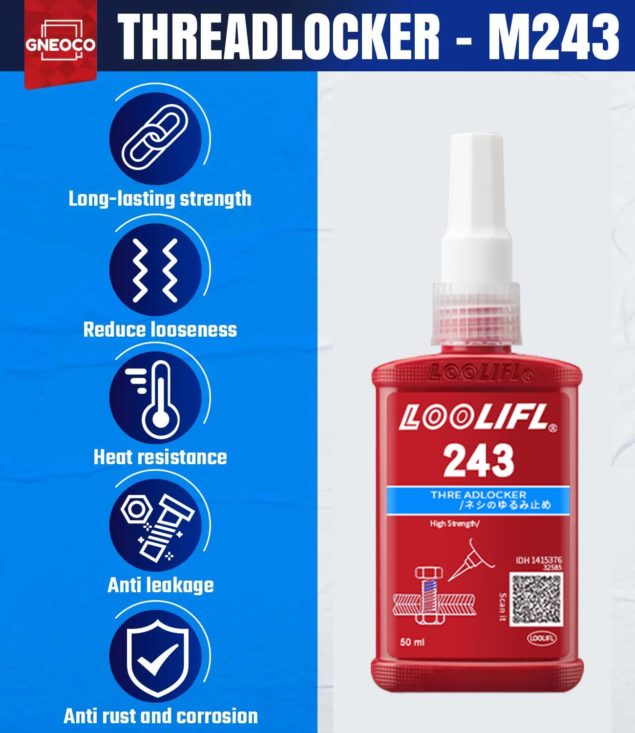 243 Blue Medium Strength Threadlockers, Universal Thread Adhesives, For All Metal Threaded Components, Removable Waterproof