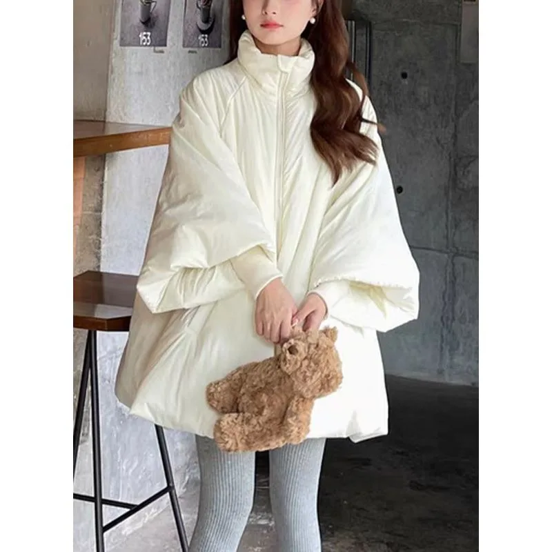 스카프 디자인 감각이 돋보이는 니치 A라인 루즈핏 솜 패딩 코트 재킷 마녀 망토, 중간 길이의 큰 스커트 밑단 코트